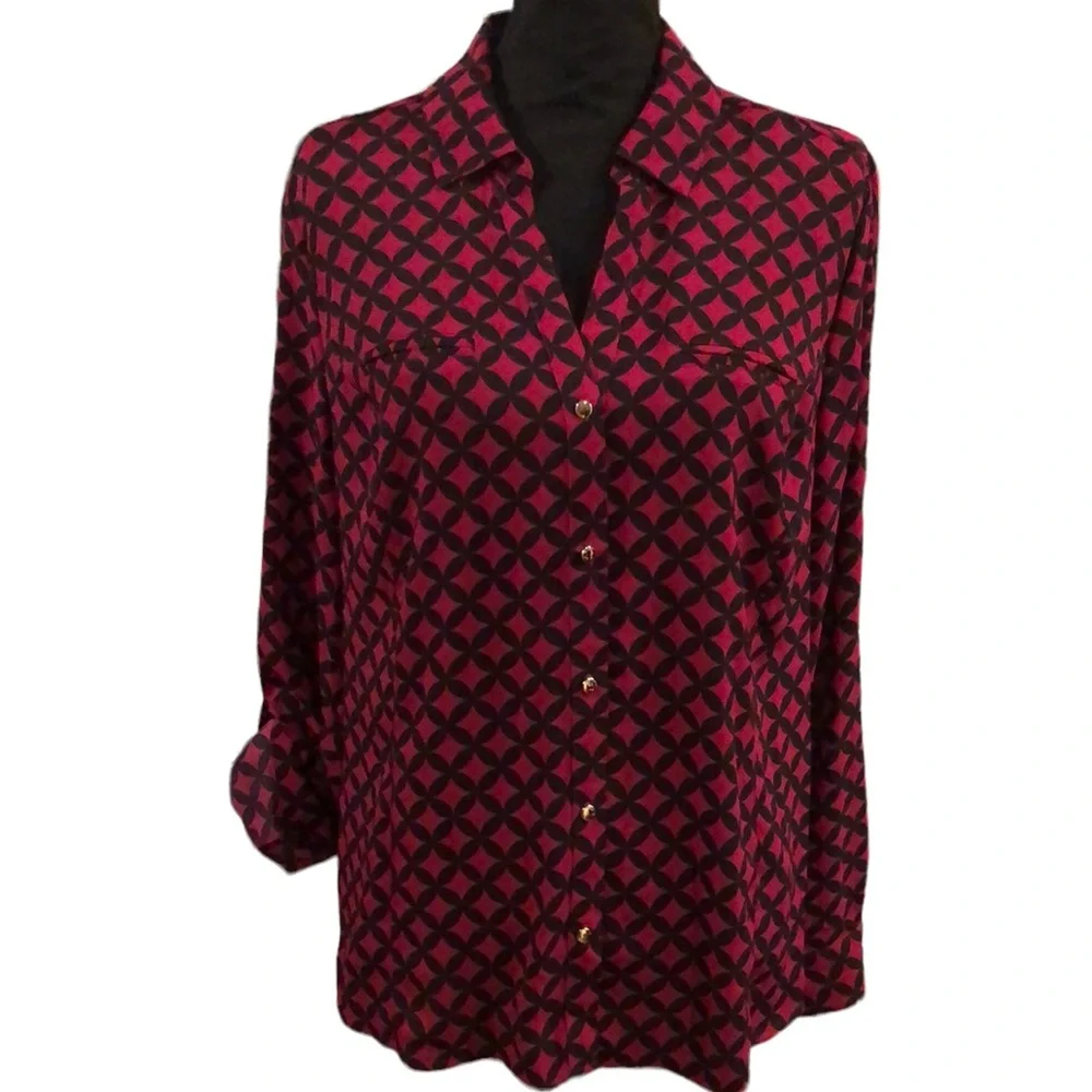 DANA BUCHMAN LONG SLEEVE V NECK BUTTON DOWN SHIRT MAGENTA NAVY SIZE XL